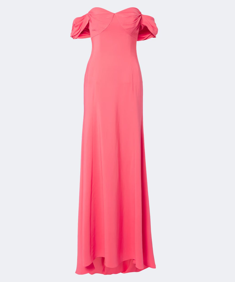 Watermelon Pink Off Shoulder Draped Mermaid Satin Evening Gown