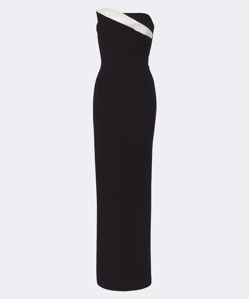 Black Strapless White Diagonal Fold Trim Column High Slit Maxi Evening Gown