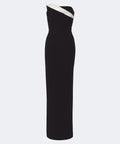 Black Strapless White Diagonal Fold Trim Column High Slit Maxi Evening Gown