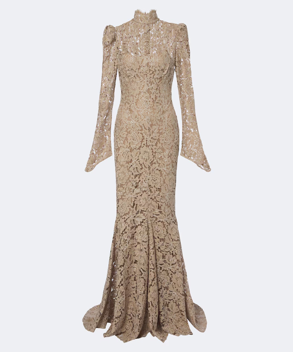 Champagne Lace High Neck Long Sleeve Mermaid Gown