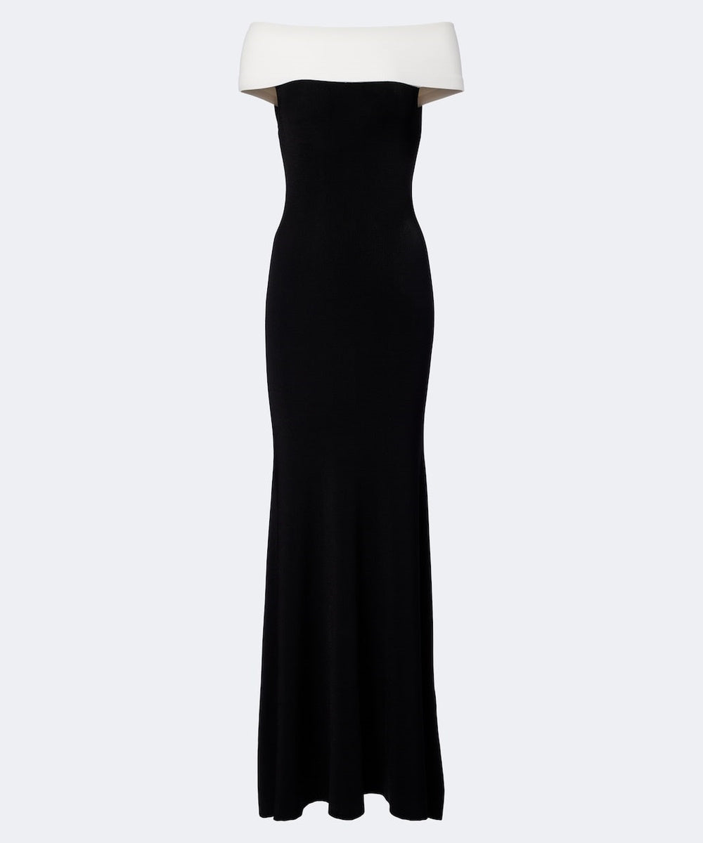 Black White Color Block Off Shoulder Ribbed Mermaid Maxi Gown