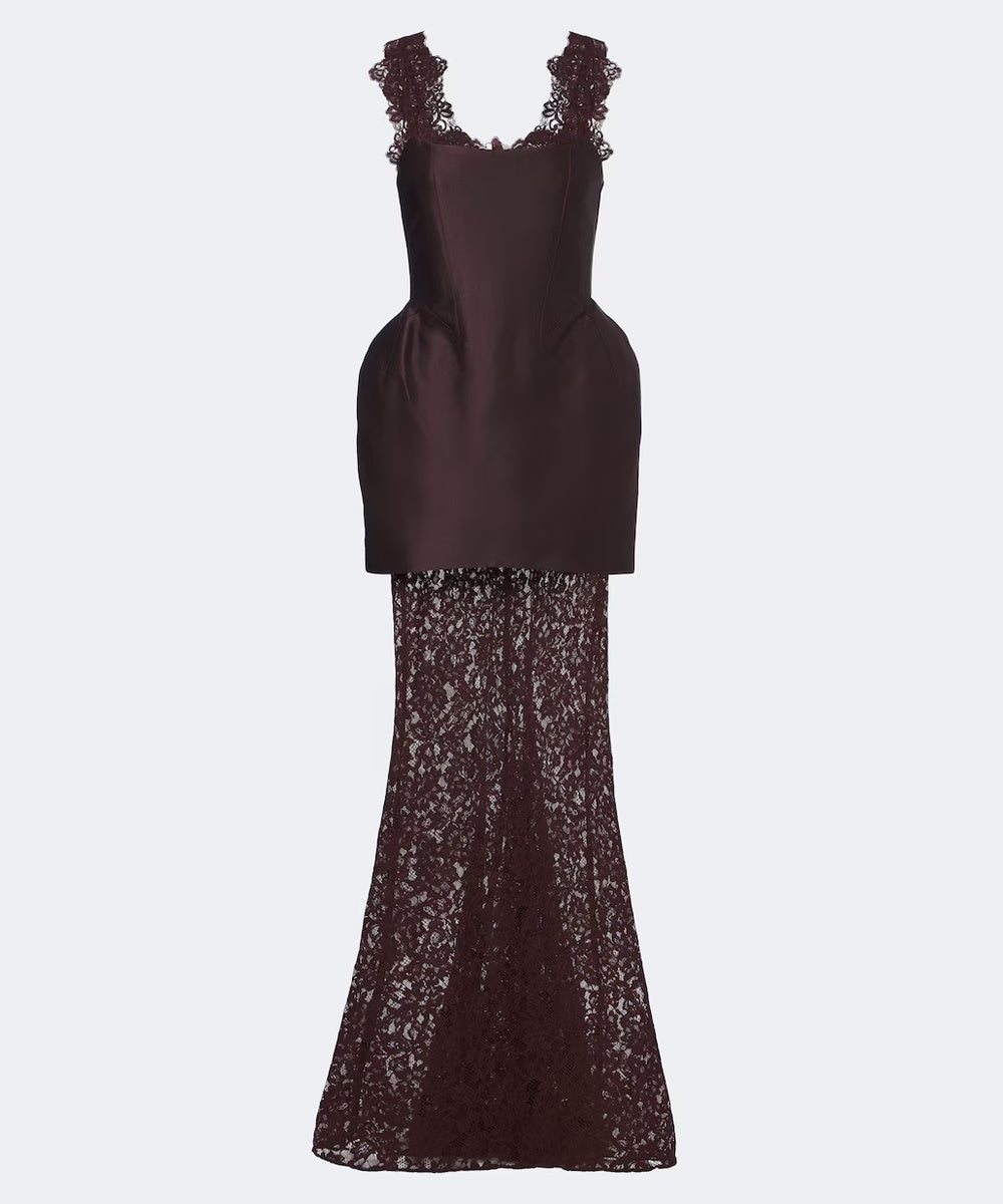 Dark Brown Lace Strap Satin Peplum Mermaid Lace Evening Gown