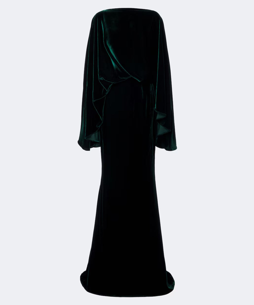 Emerald Green Velvet Cape Sleeve Mermaid Evening Gown