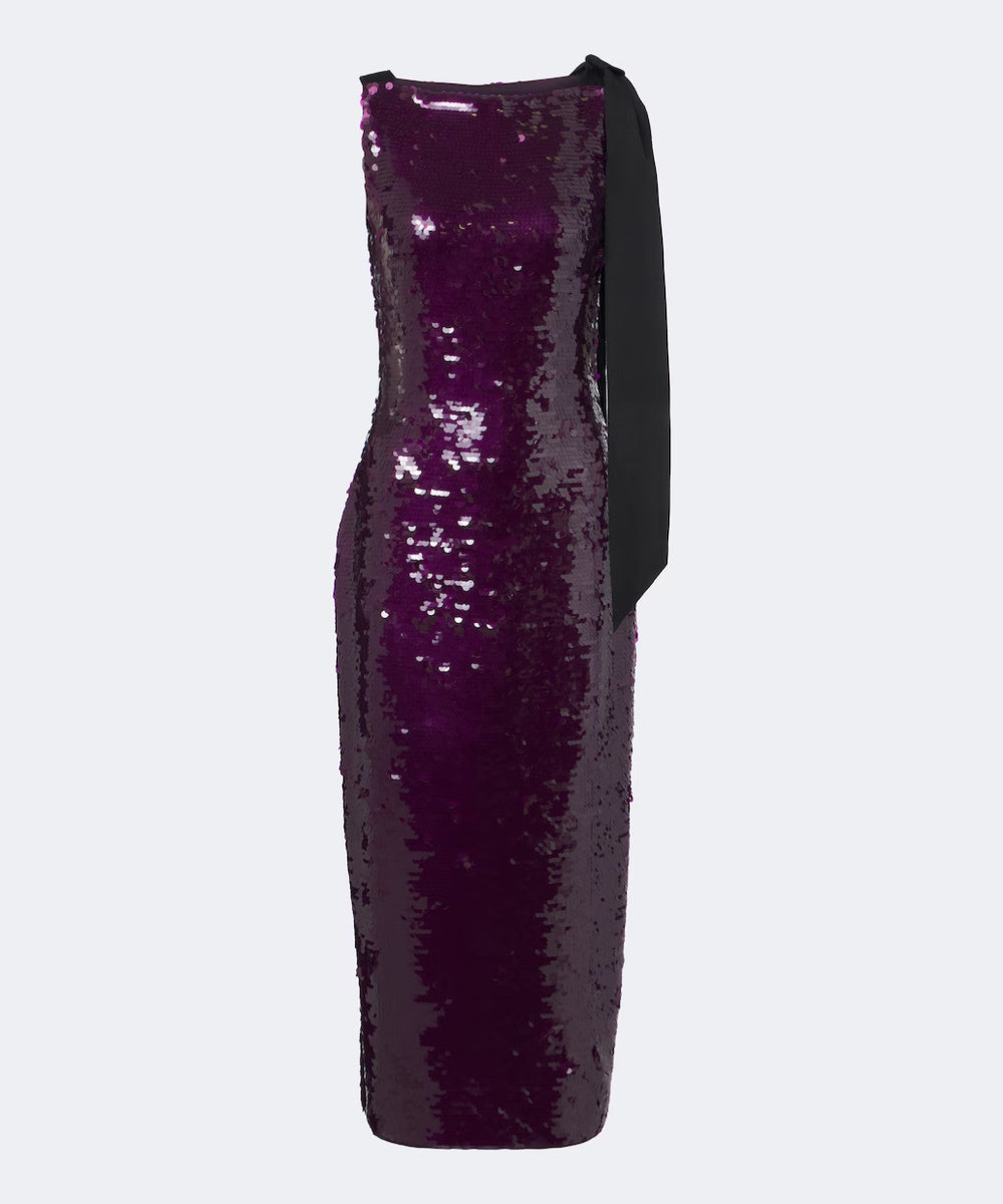 Purple Sequin Midi Sheath Dress With Black Shoulder Bow