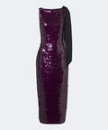 Purple Sequin Midi Sheath Dress With Black Shoulder Bow