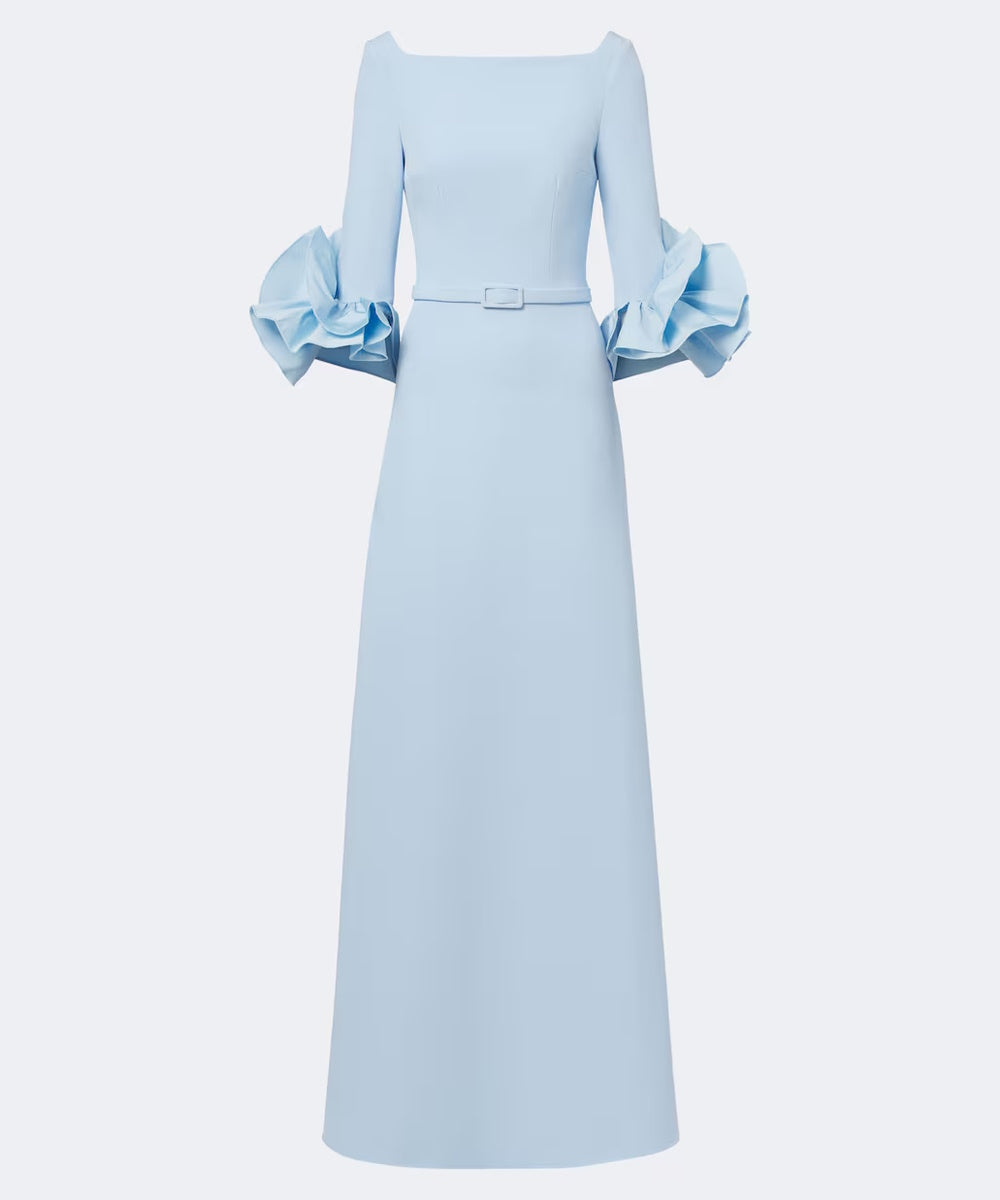 Light Blue Square Neck Ruffle Cuff A-Line Evening Gown