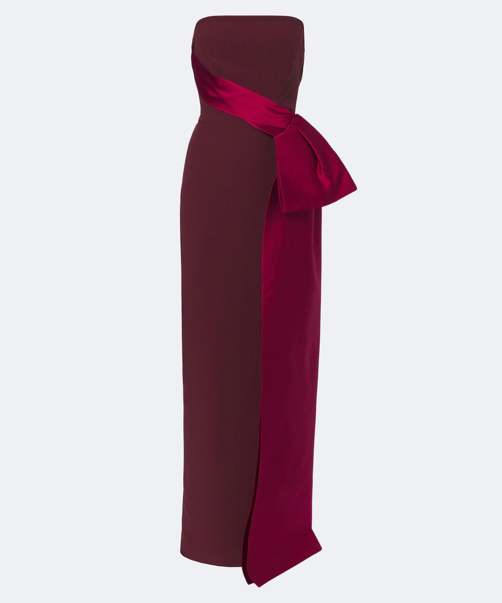 Burgundy Strapless Crepe Gown With Contrast Satin Wrap Bow And Side Slit