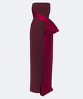 Burgundy Strapless Crepe Gown With Contrast Satin Wrap Bow And Side Slit