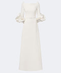 White Boat Neck Maxi Gown With Statement Ruffle Cuffs & Matching Belt