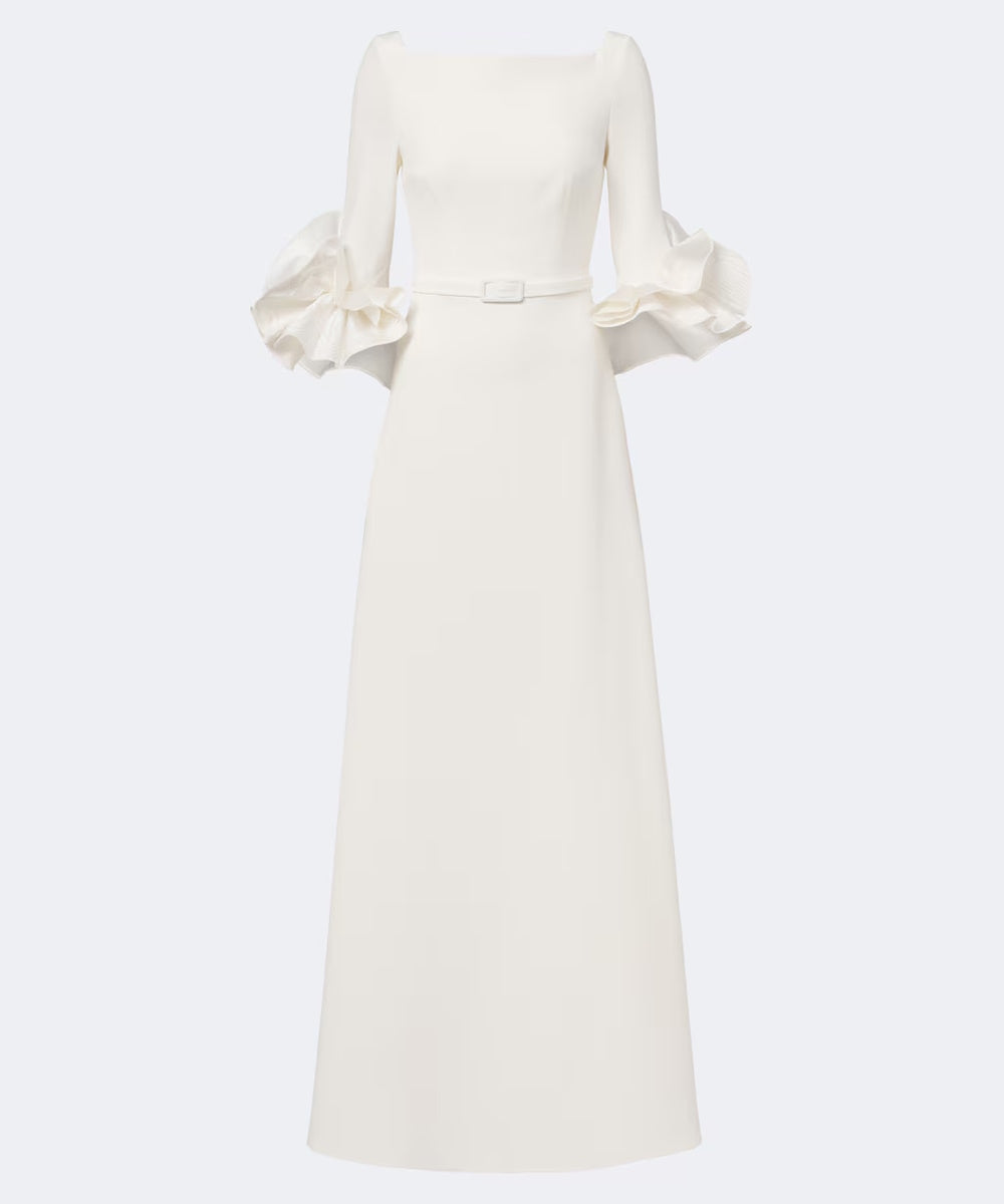 White Boat Neck Maxi Gown With Statement Ruffle Cuffs & Matching Belt