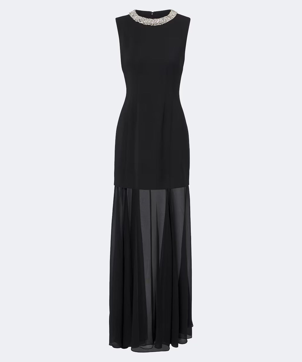 Black Sleeveless Rhinestone Neck Chiffon Maxi Gown