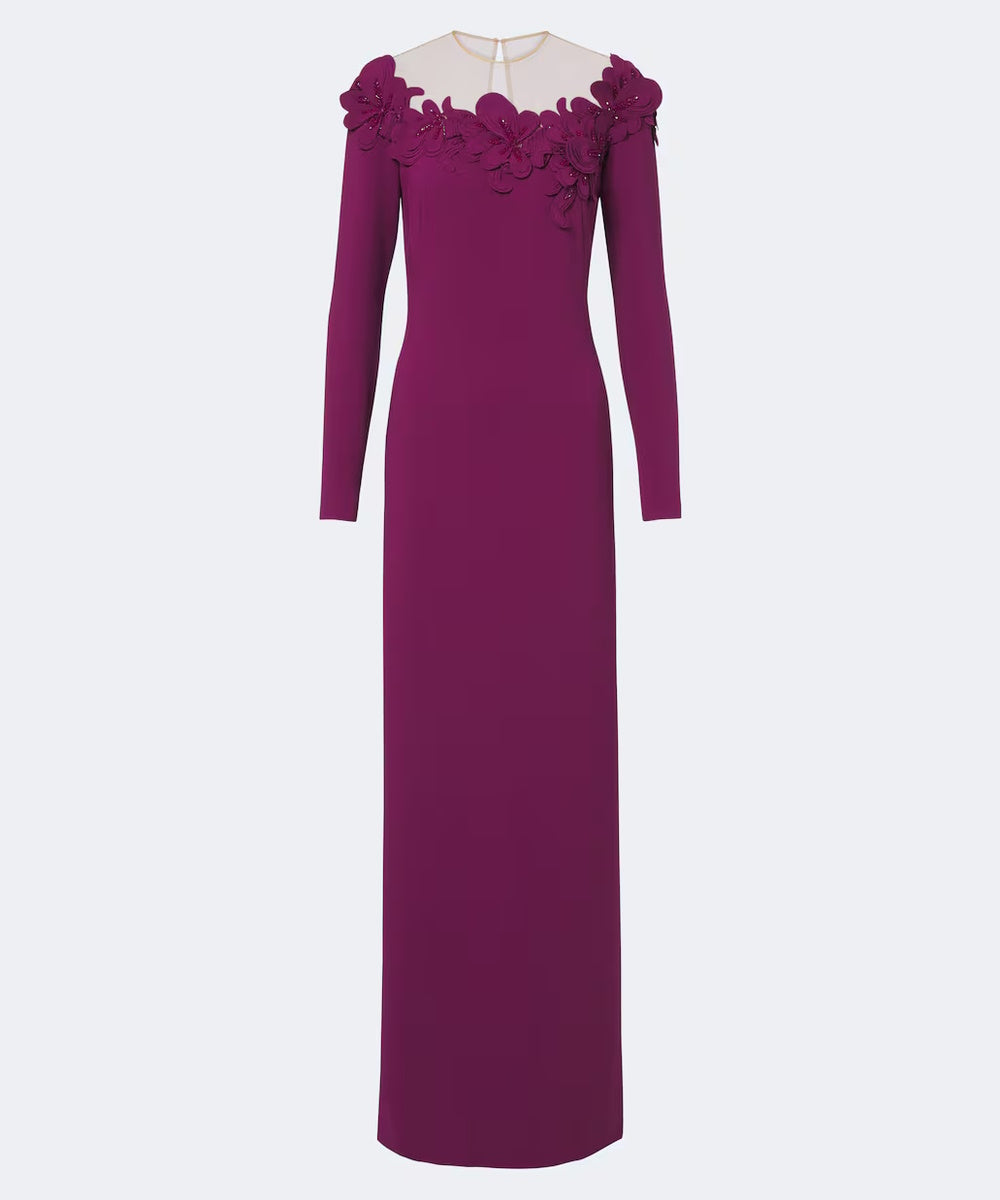 Plum Off Shoulder 3D Floral Crystal Long Sleeve Column Slit Maxi Evening Gown