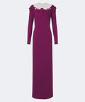 Plum Off Shoulder 3D Floral Crystal Long Sleeve Column Slit Maxi Evening Gown