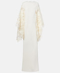 Ivory Crepe Maxi Kaftan Gown With Floral Lace Wide Bell Sleeves