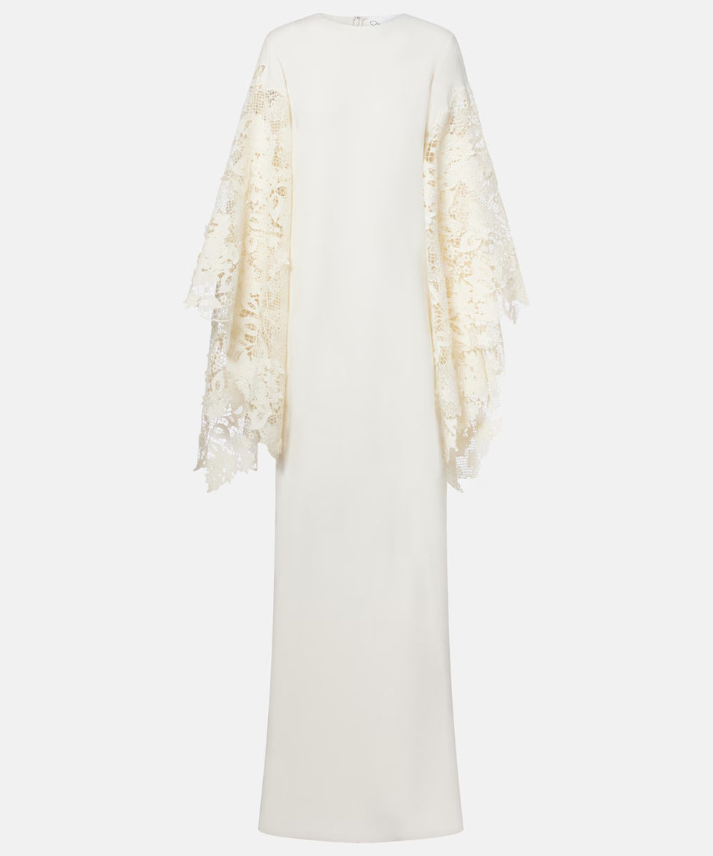 Ivory Crepe Maxi Kaftan Gown With Floral Lace Wide Bell Sleeves