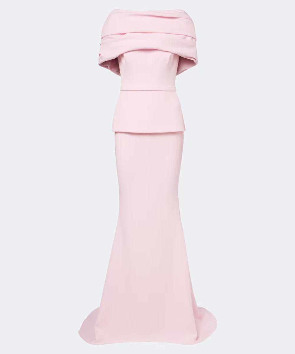 Dusty Pink Draped Off Shoulder Peplum Mermaid Evening Gown