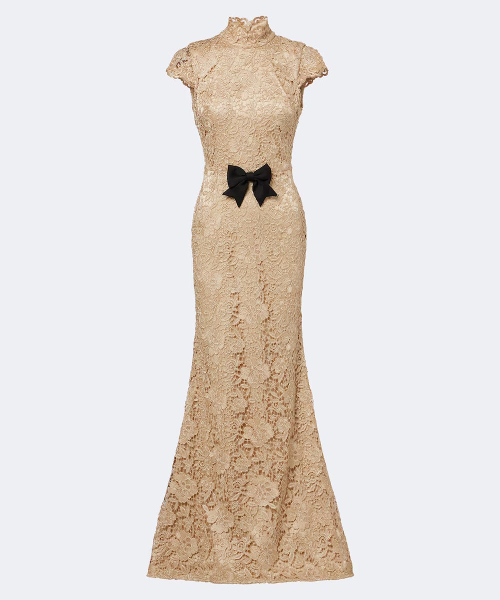 Champagne Lace High Neck Mermaid Gown With Black Bow