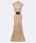 Champagne Lace High Neck Mermaid Gown With Black Bow