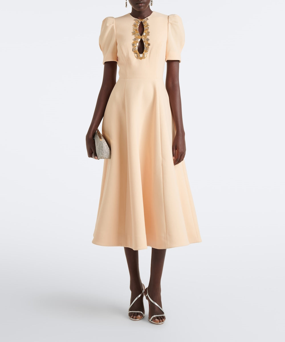 Cream Puff Sleeve Gold Crystal Keyhole Flared Midi Dress