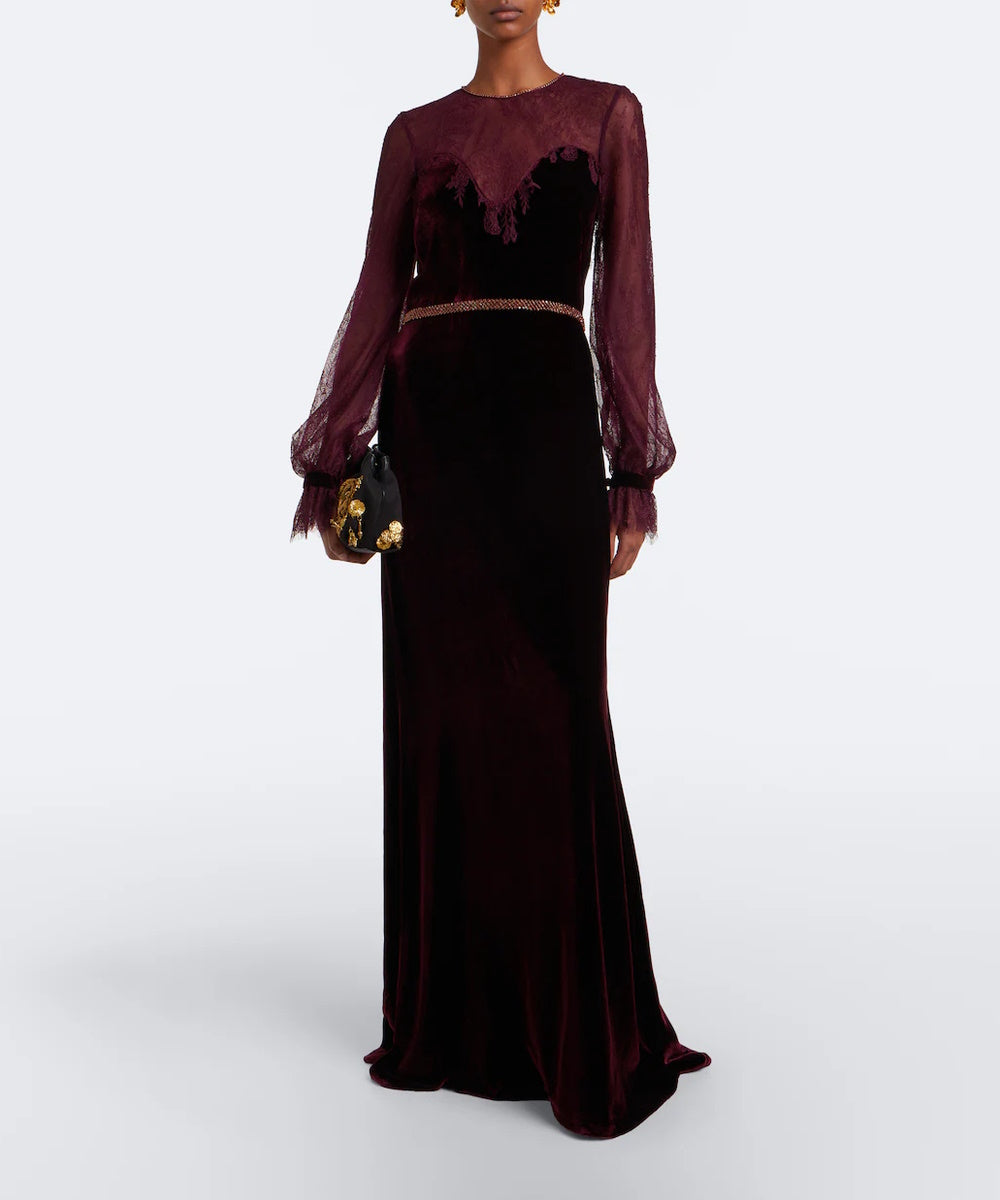 Burgundy Velvet Gown With Sheer Lace Puff Long Sleeves