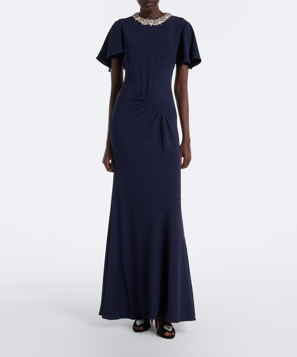 Navy Rhinestone Collar Flutter Sleeve Side Ruched Mermaid Maxi Gown