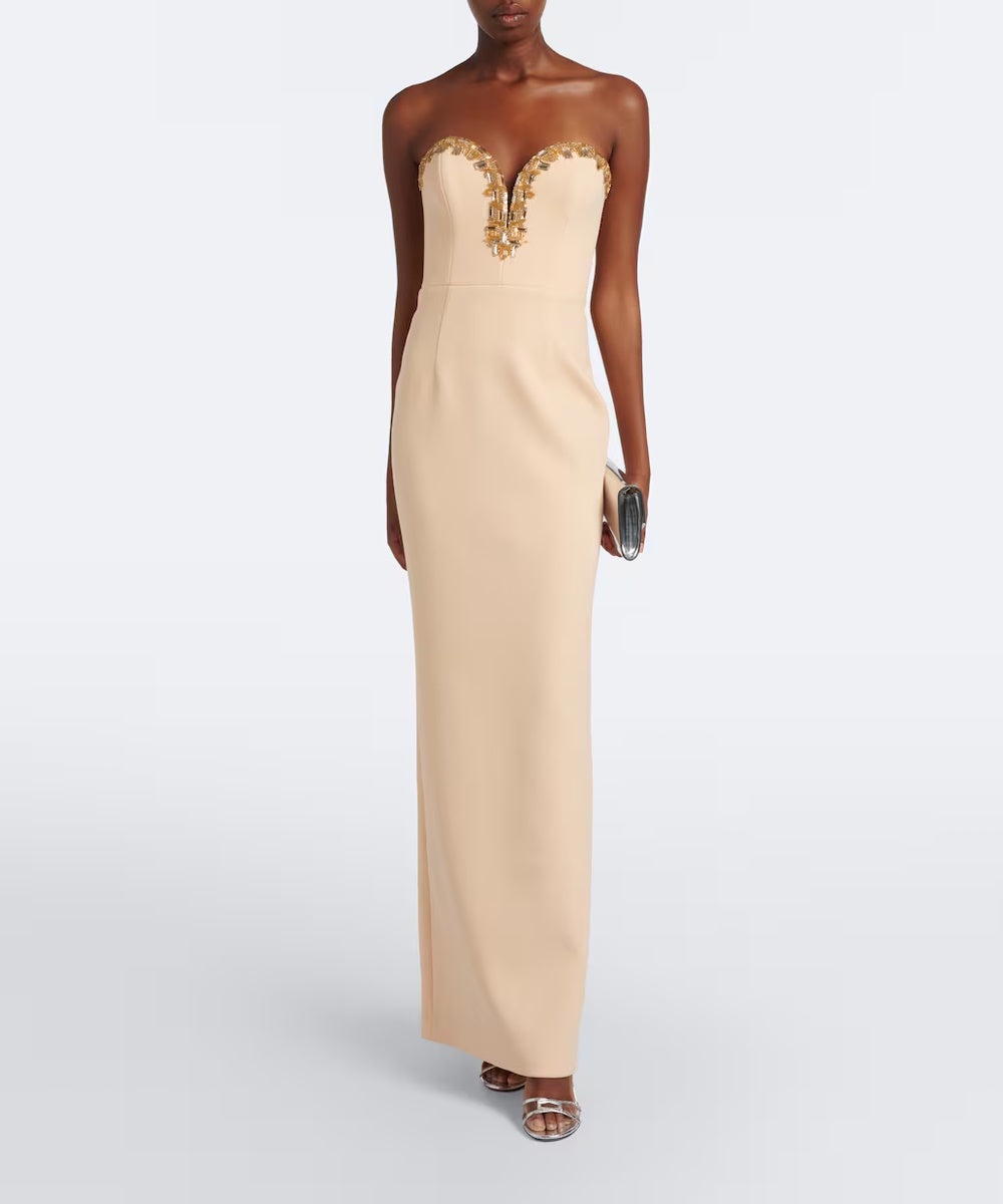 Champagne Strapless Gold Crystal Deep V Slit Column Evening Gown