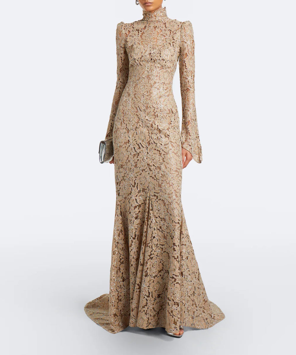 Champagne Lace High Neck Long Sleeve Mermaid Gown