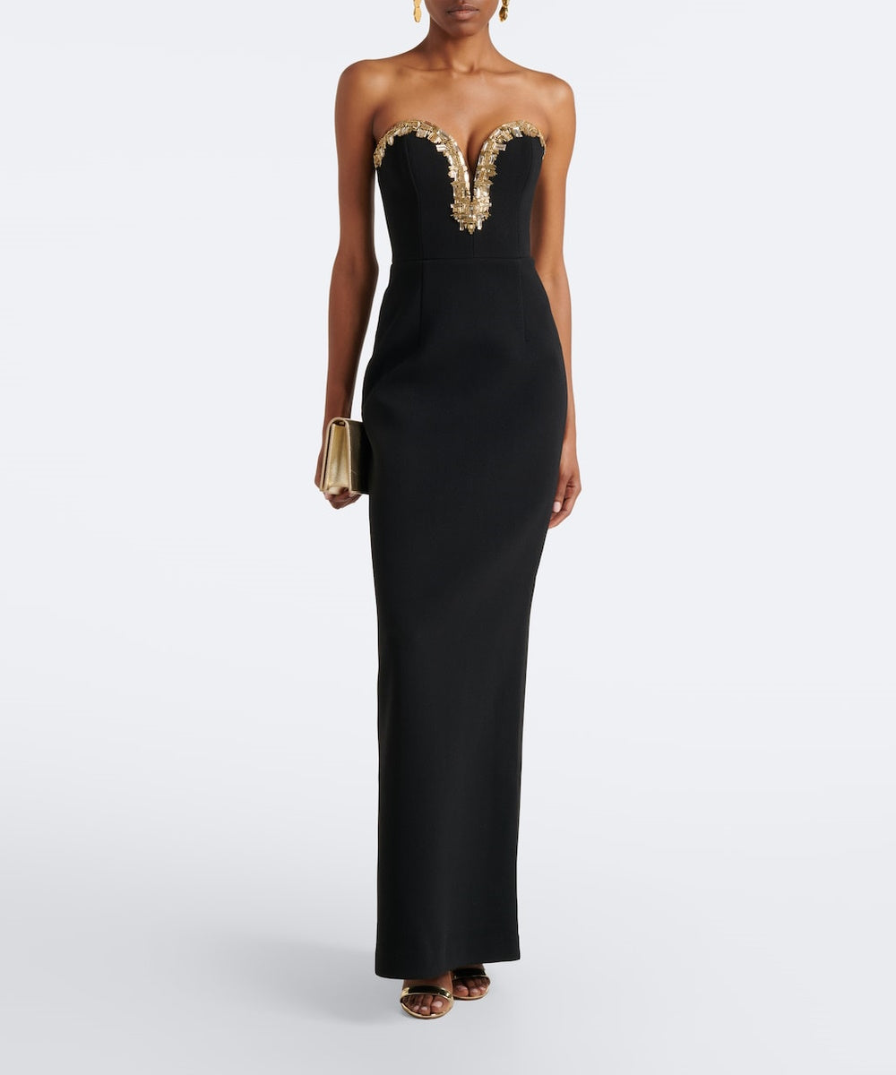 Strapless Gold Crystal Deep V Slit Column Black Evening Gown