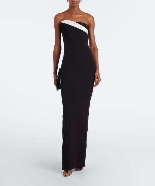 Black Strapless White Diagonal Fold Trim Column High Slit Maxi Evening Gown