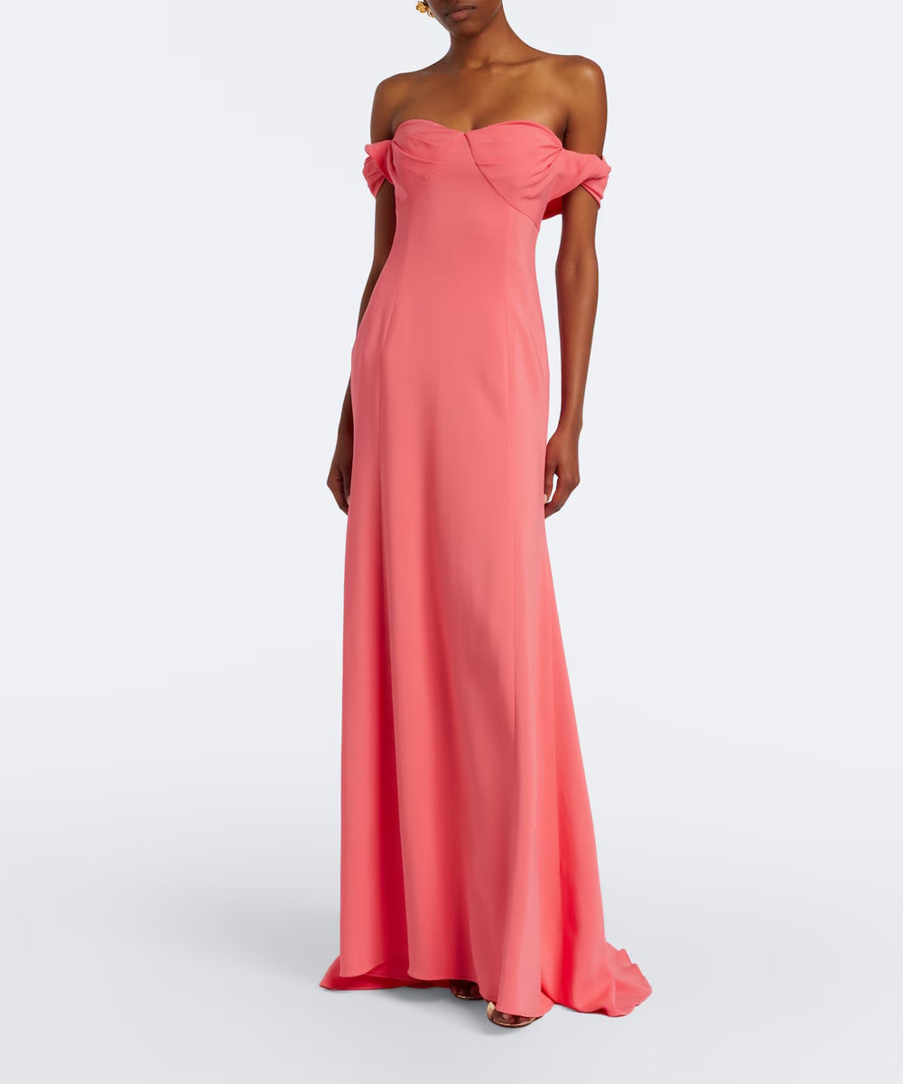 Watermelon Pink Off Shoulder Draped Mermaid Satin Evening Gown
