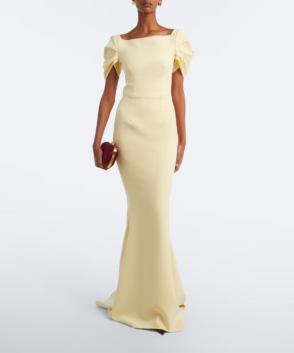 Pale Yellow Square Neck Puff Sleeve Mermaid Evening Gown