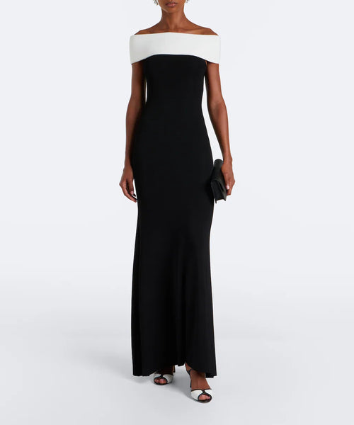 Black White Color Block Off Shoulder Ribbed Mermaid Maxi Gown