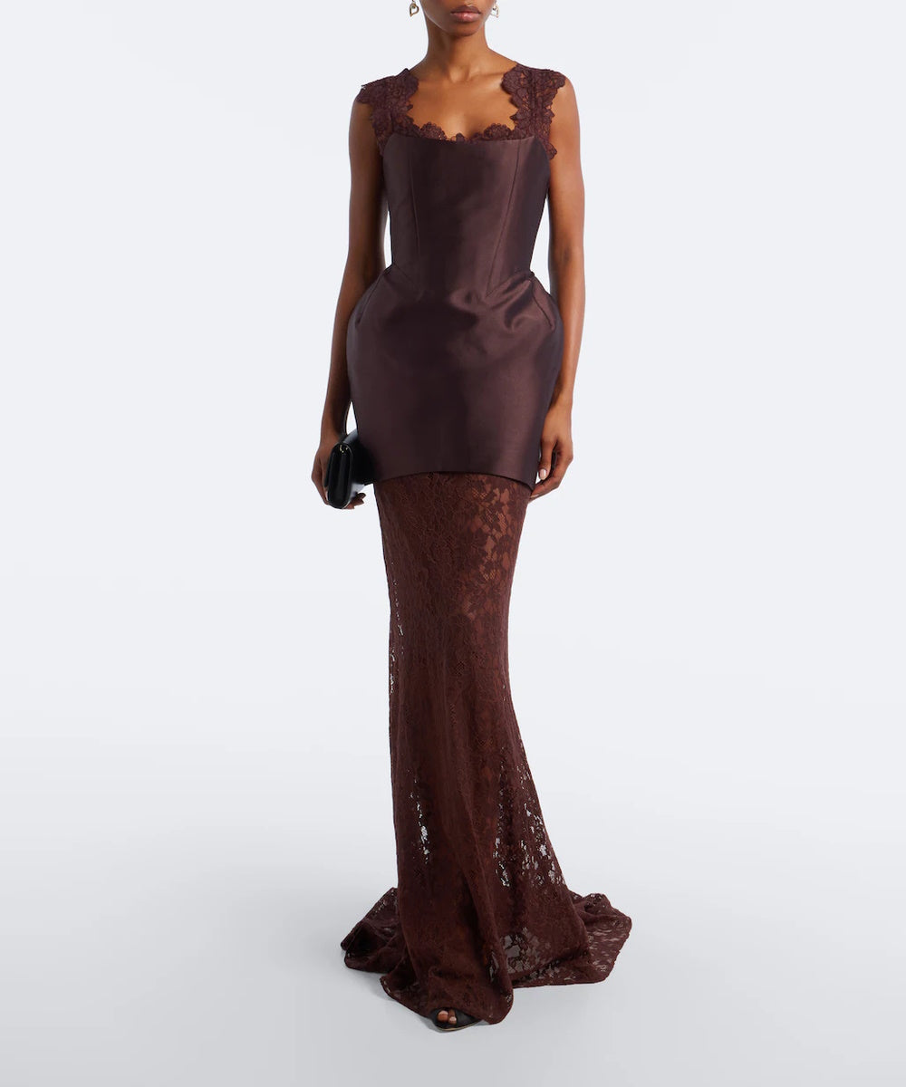 Dark Brown Lace Strap Satin Peplum Mermaid Lace Evening Gown