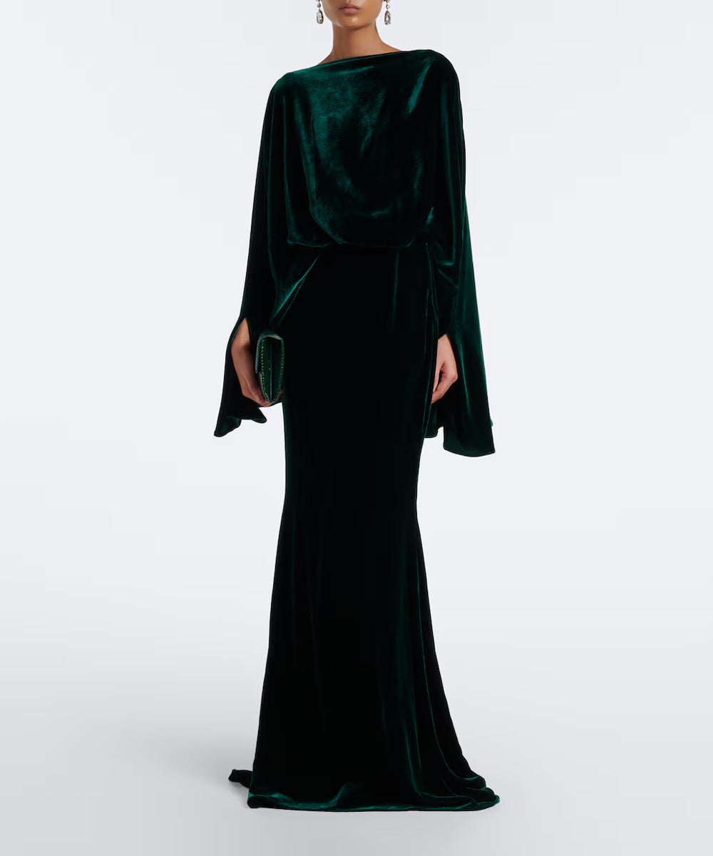 Emerald Green Velvet Cape Sleeve Mermaid Evening Gown