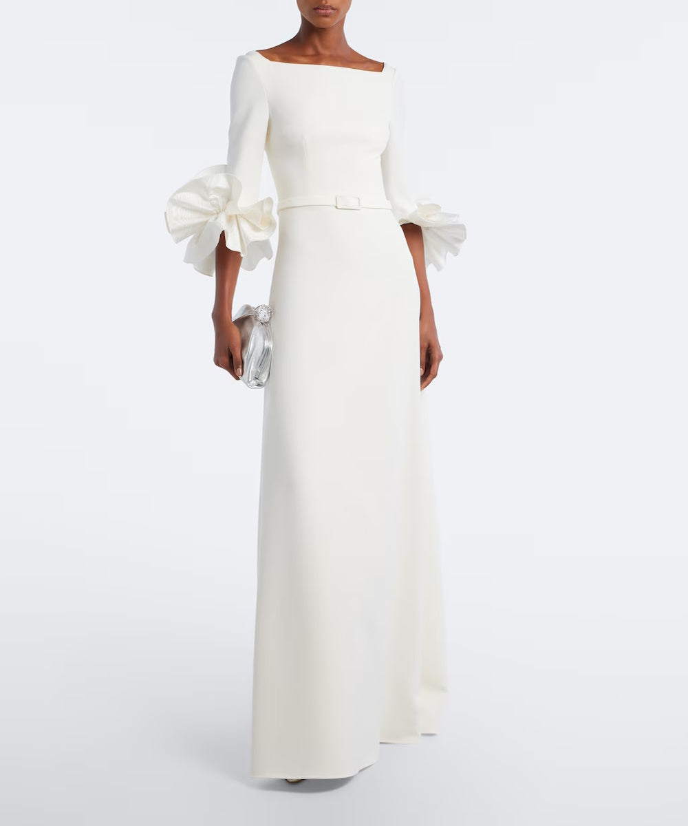 White Boat Neck Maxi Gown With Statement Ruffle Cuffs & Matching Belt