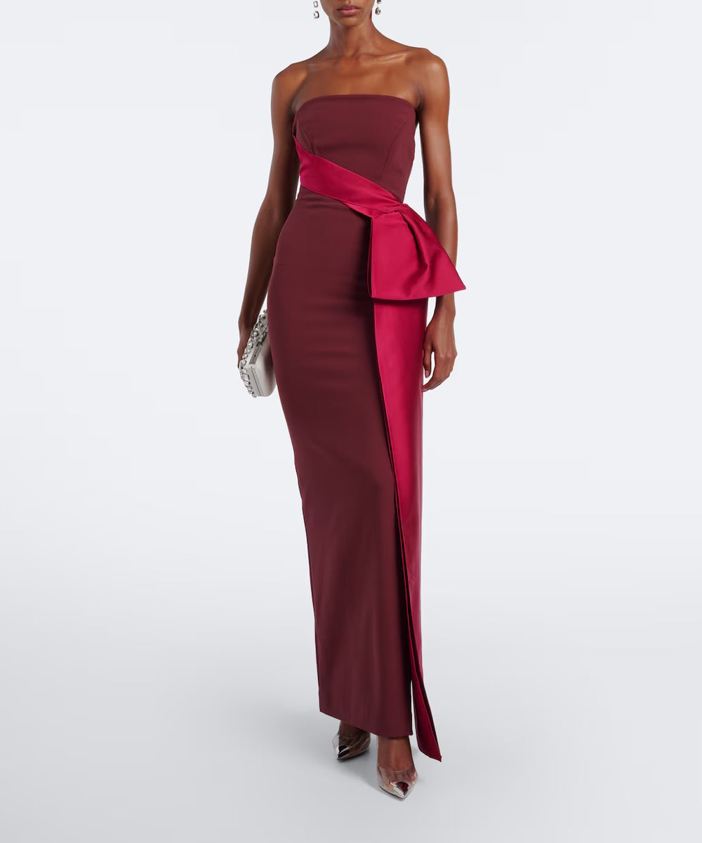 Burgundy Strapless Crepe Gown With Contrast Satin Wrap Bow And Side Slit