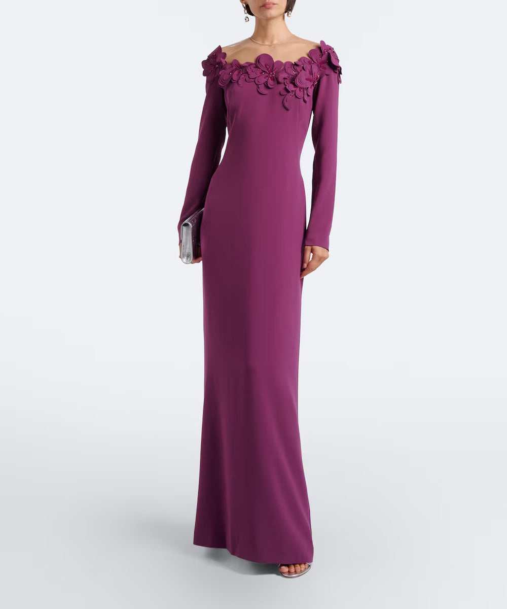 Plum Off Shoulder 3D Floral Crystal Long Sleeve Column Slit Maxi Evening Gown