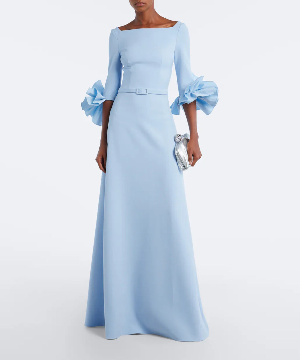 Light Blue Square Neck Ruffle Cuff A-Line Evening Gown