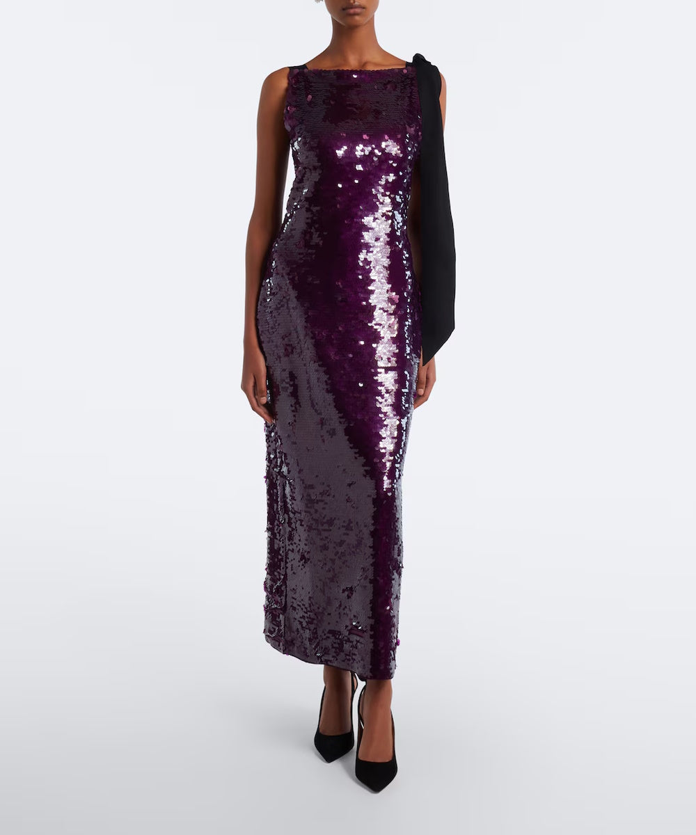 Purple Sequin Midi Sheath Dress With Black Shoulder Bow