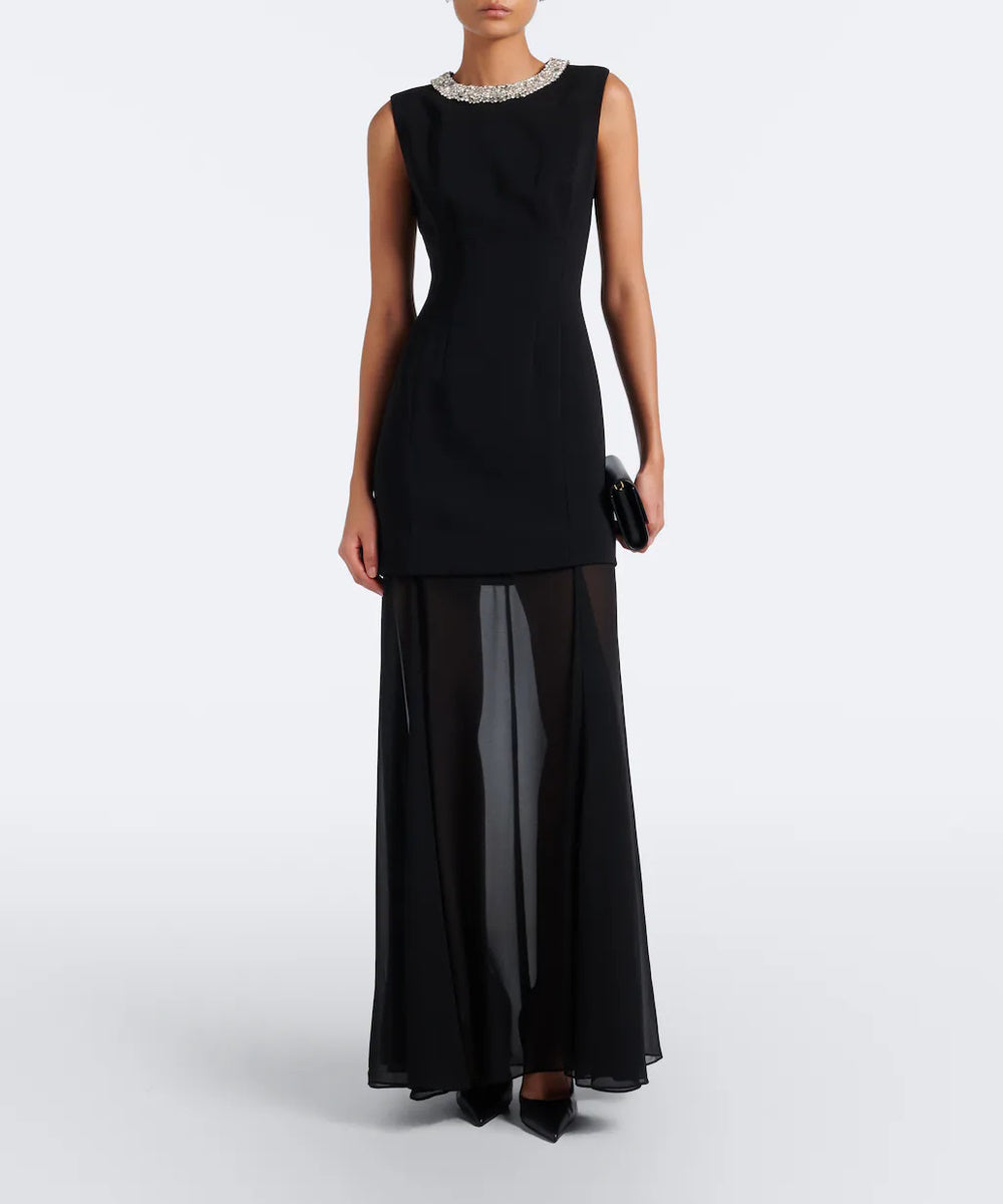 Black Sleeveless Rhinestone Neck Chiffon Maxi Gown