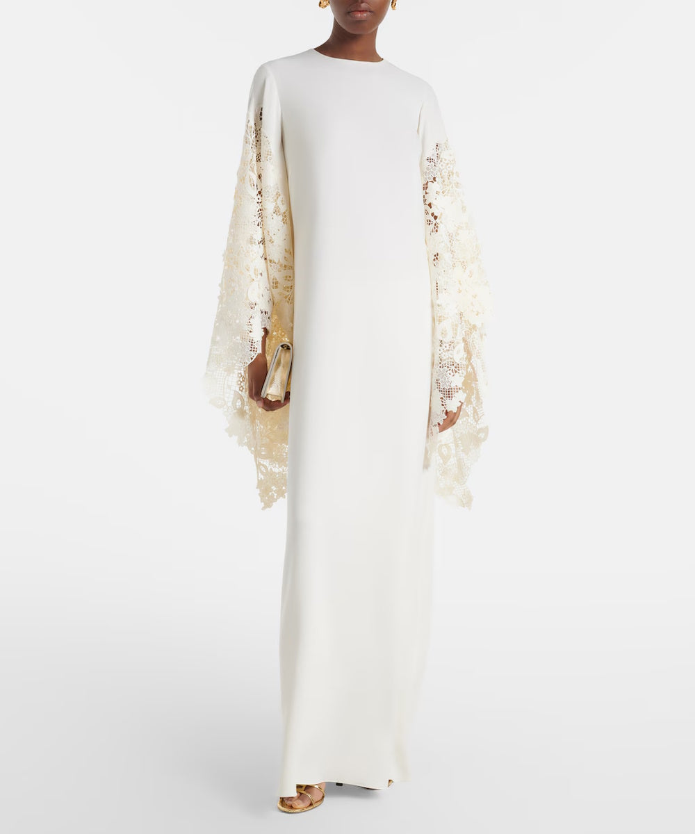 Ivory Crepe Maxi Kaftan Gown With Floral Lace Wide Bell Sleeves