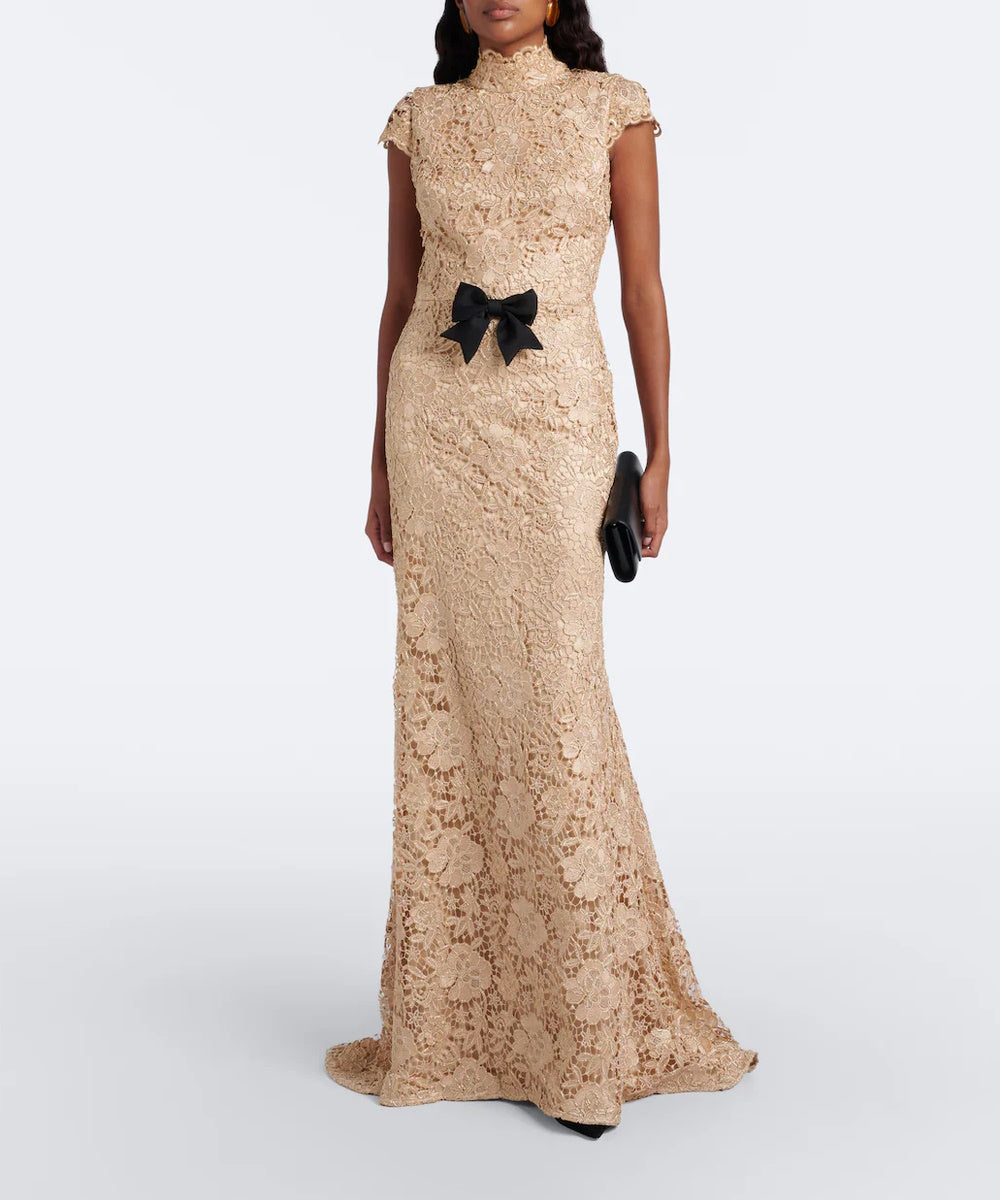 Champagne Lace High Neck Mermaid Gown With Black Bow