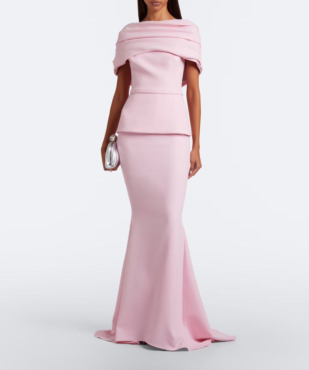 Dusty Pink Draped Off Shoulder Peplum Mermaid Evening Gown