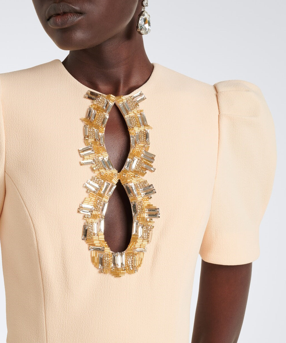 Cream Puff Sleeve Gold Crystal Keyhole Flared Midi Dress