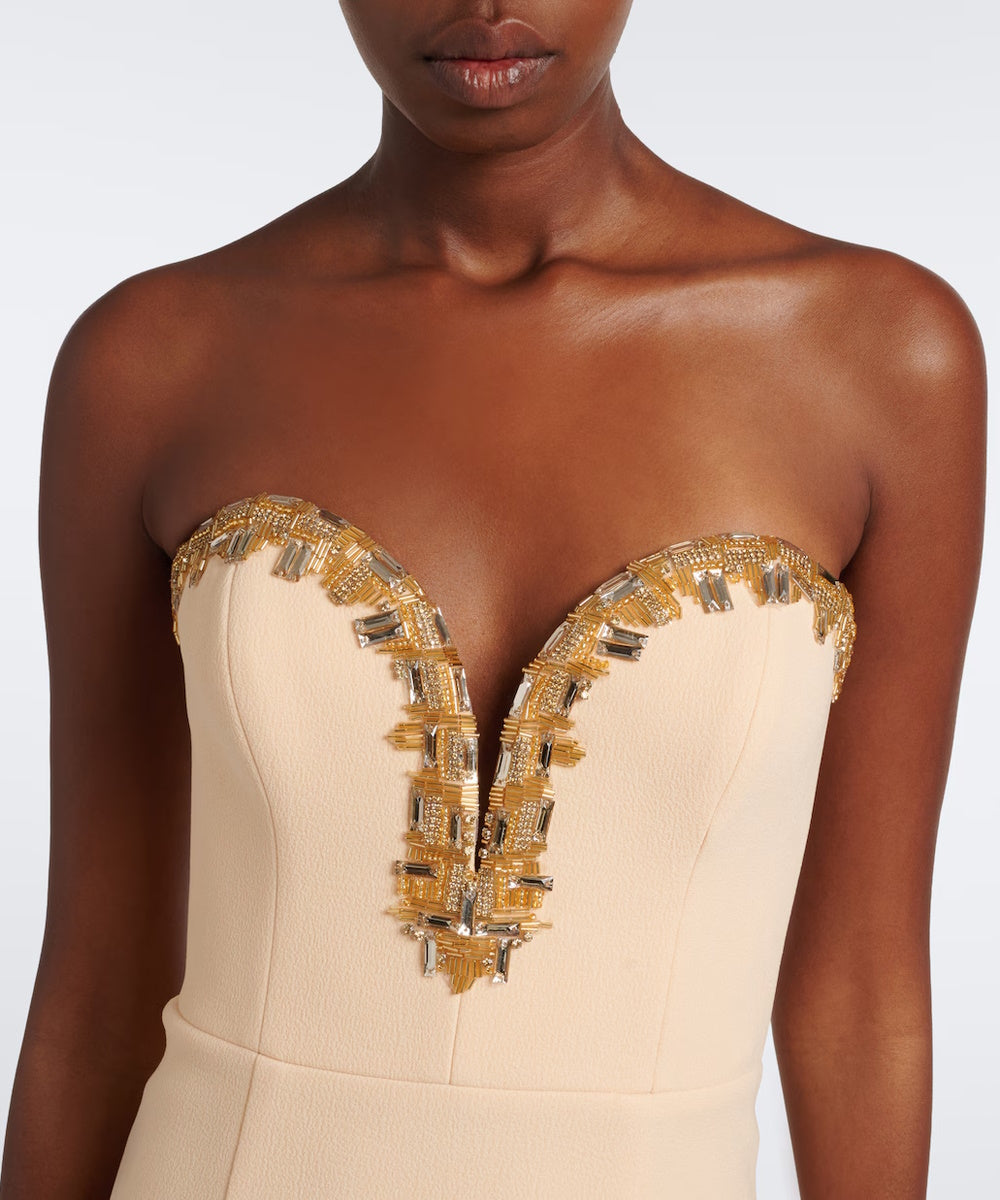 Champagne Strapless Gold Crystal Deep V Slit Column Evening Gown