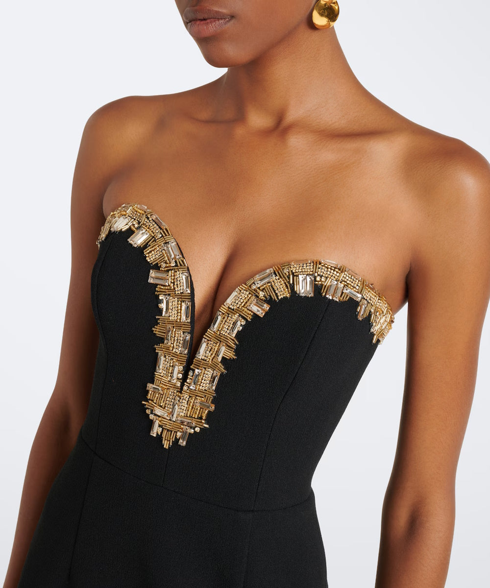 Strapless Gold Crystal Deep V Slit Column Black Evening Gown