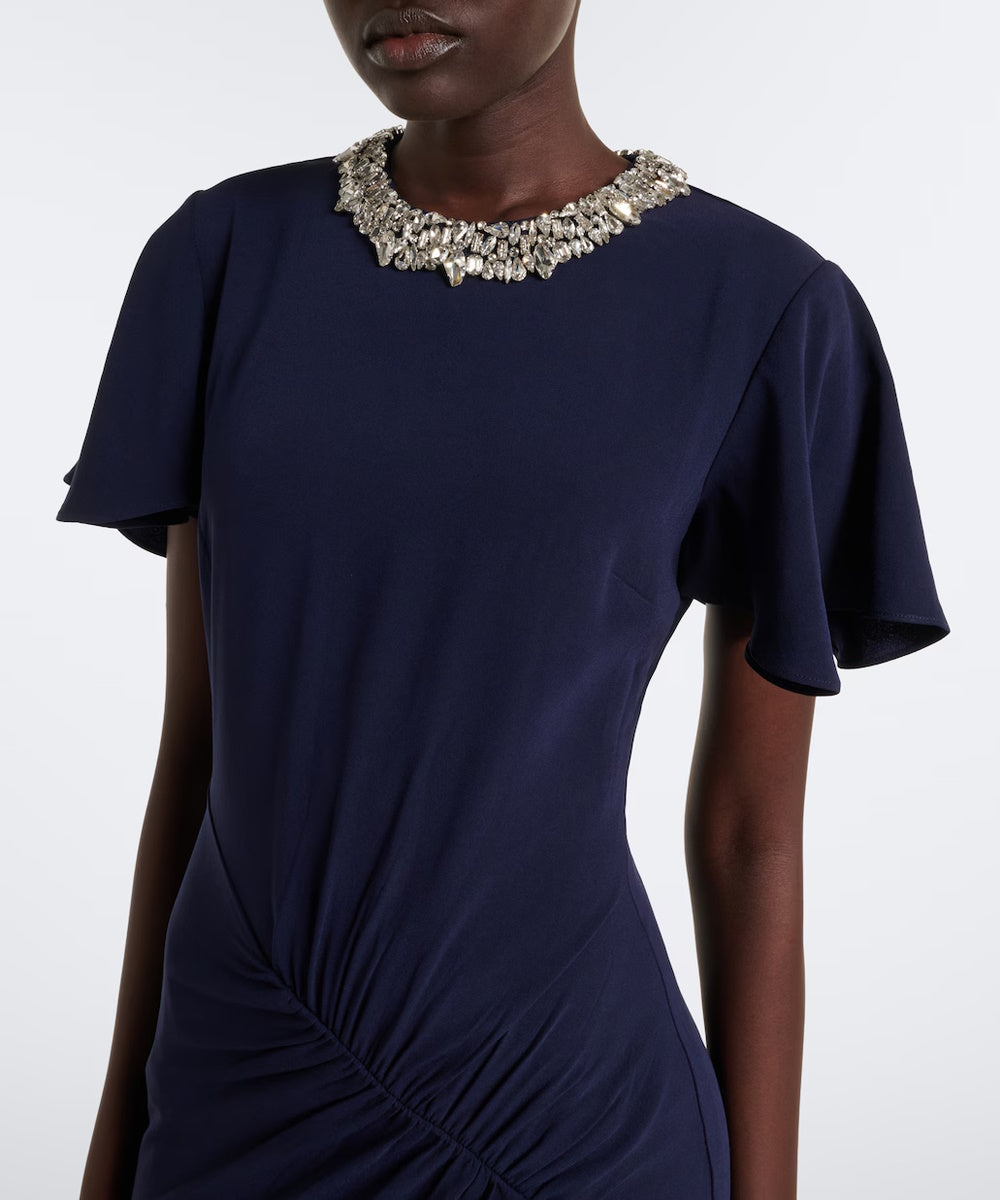 Navy Rhinestone Collar Flutter Sleeve Side Ruched Mermaid Maxi Gown