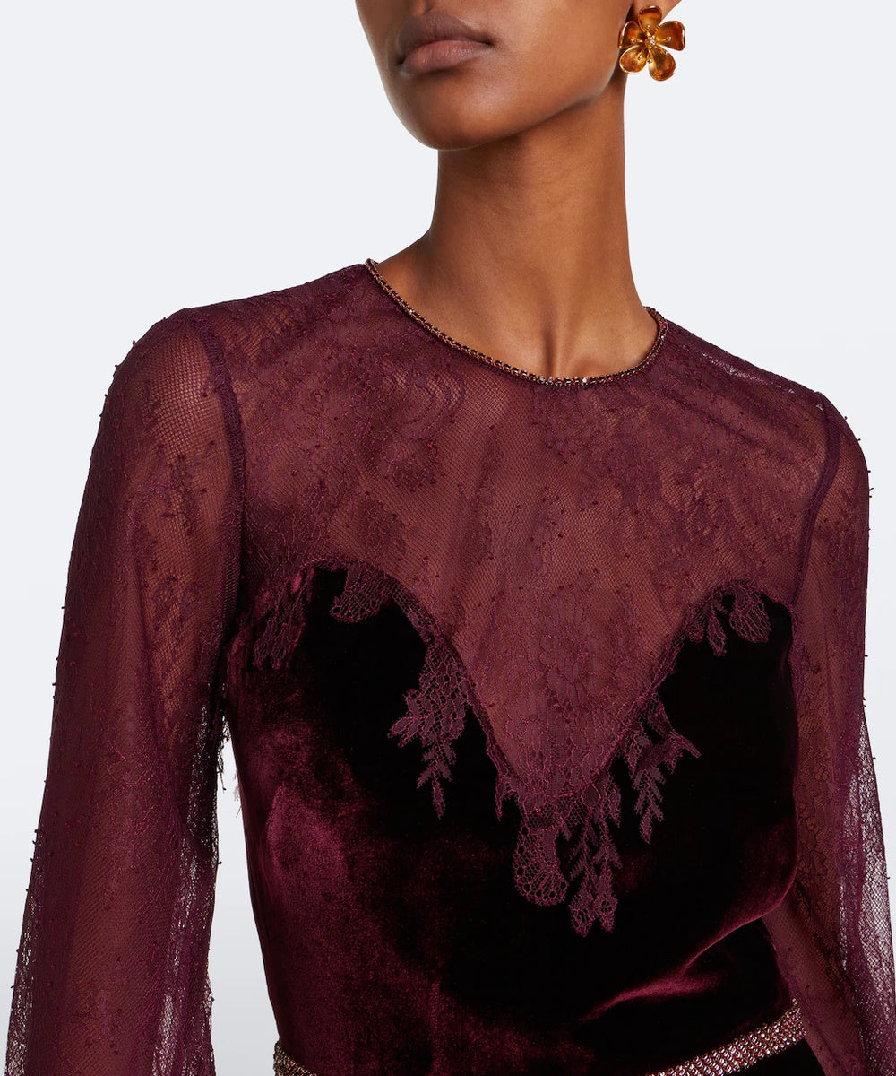 Burgundy Velvet Gown With Sheer Lace Puff Long Sleeves