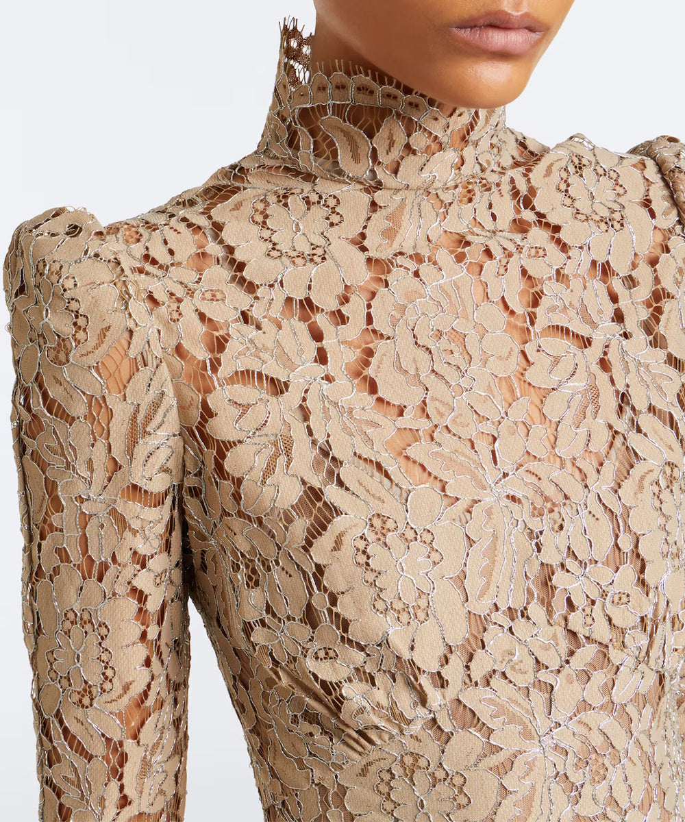 Champagne Lace High Neck Long Sleeve Mermaid Gown