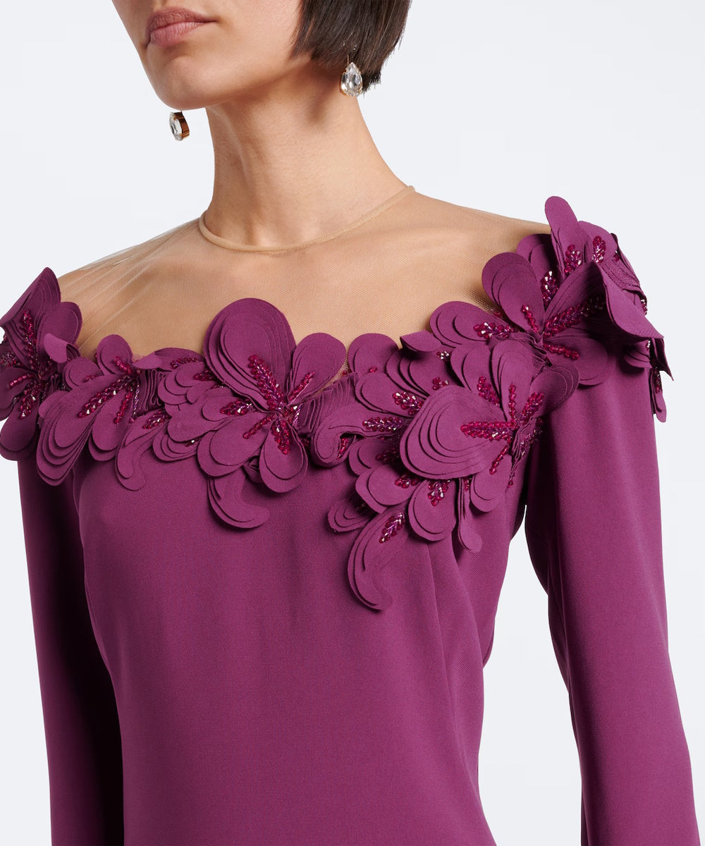 Plum Off Shoulder 3D Floral Crystal Long Sleeve Column Slit Maxi Evening Gown